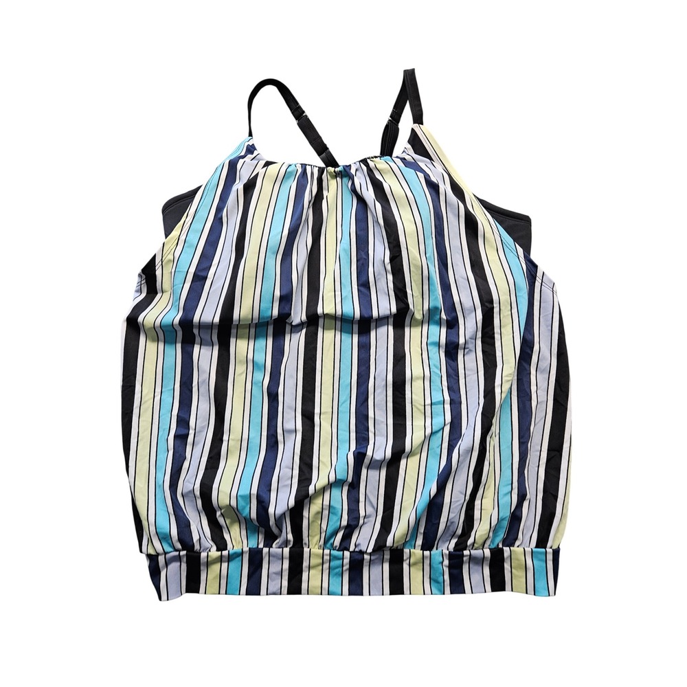 Swim by Cacique Striped Blouson‎ Tankini Top Blue Green Black Size 18